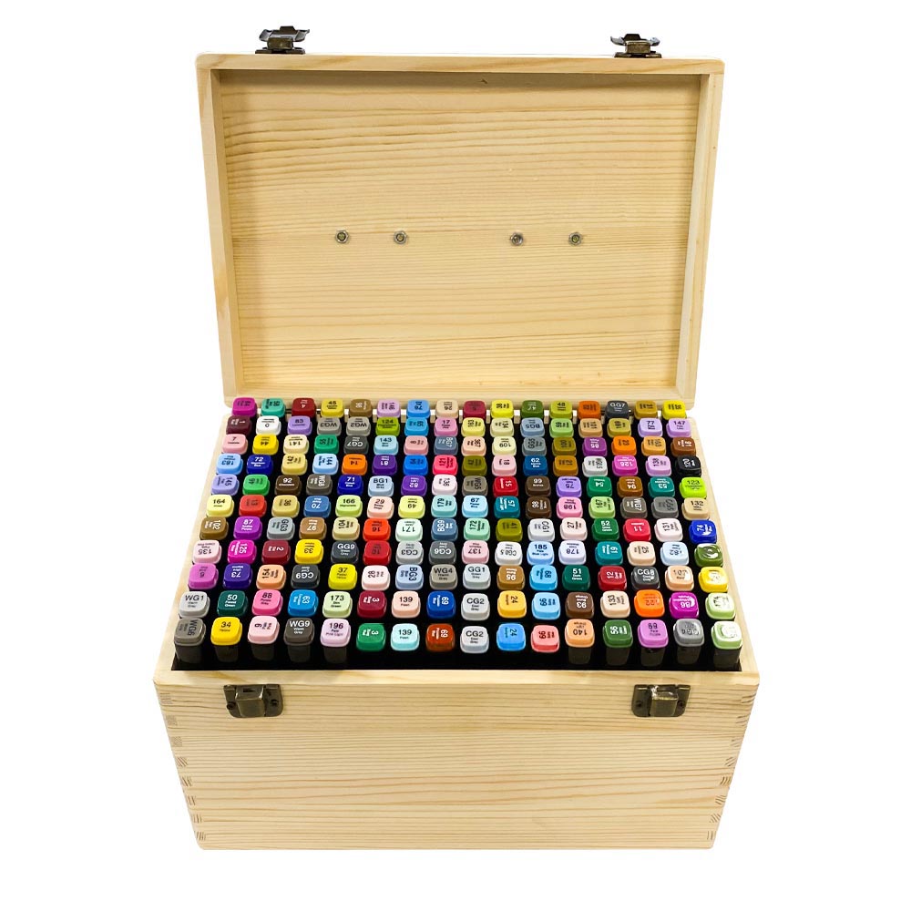 Set de markere pe baza de alcool cu doua capete, in cutie de lemn, 176 bucati